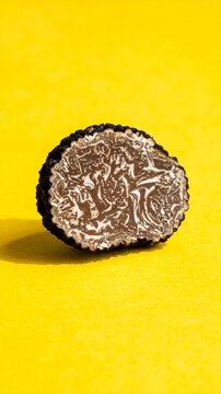 Macro cross-section of a luxury black truffle on a bright yellow background