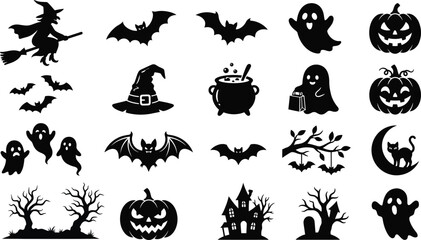 Fototapeta premium Flying bat and three ghosts near dead trees at night