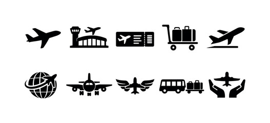 Obraz premium Collection of black and white icons representing air travel and transportation services