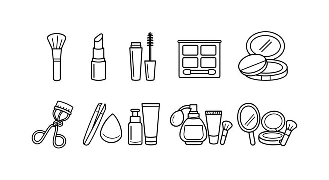 Collection of cosmetic and beauty product line art icons for makeup application and skincare routines