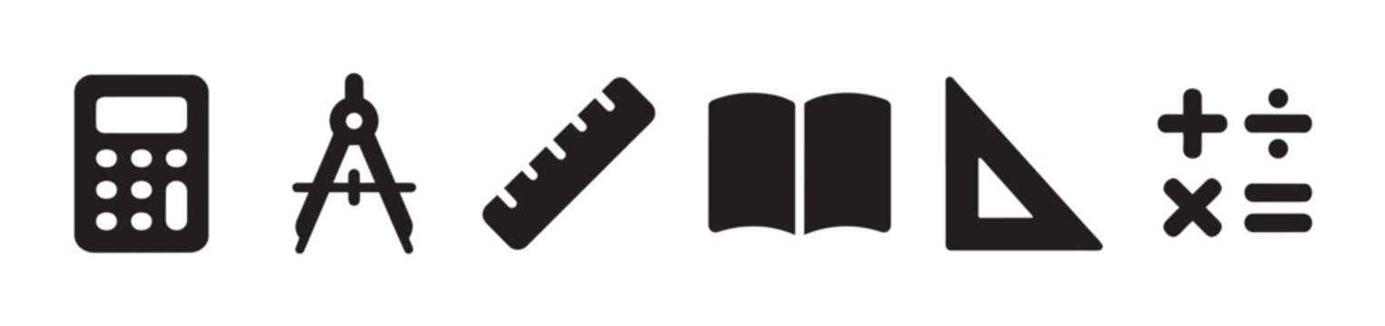 Collection of black icons representing essential math tools including a calculator, compass, ruler, open book, triangle, and arithmetic symbols on a white background.