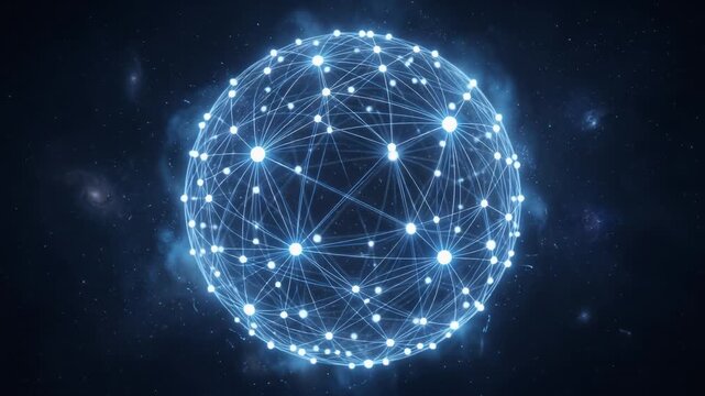 3D Network Node Sphere Rotation Loop Animation on Dark Navy Background