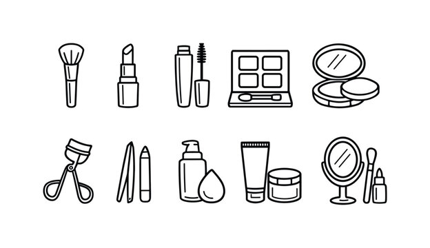Collection of simple line art icons representing various makeup and beauty products