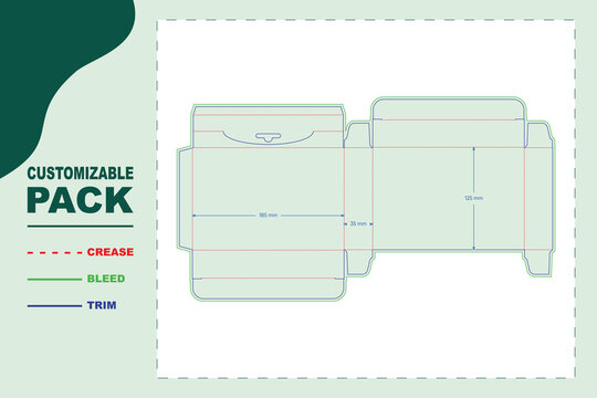 Hanging cosmetics box dieline template with back open tuck featuring dimension lines and color-coded printing guides