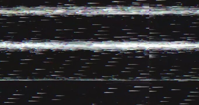 Retro VHS glitch texture with horizontal static bars and corrupted video signal artifacts.