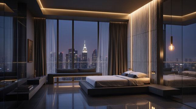 Relaxing minimalist accommodation featuring spacious bedding and hidden lighting during peaceful nighttime hospitality experience tonight interior design for hotel advertising
