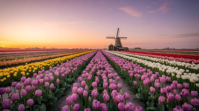 Colorful Tulip Field at Sunset in Netherlands &ndash; Scenic Dutch Windmill Landscape, Vibrant Flower Rows under Golden Hour Sky, Holland Spring Garden, Beautiful Nature Background, and Rural Countryside