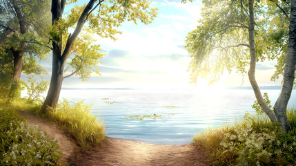 Fototapeta premium Peaceful Lakeside Nature Scene with Soft Morning Light