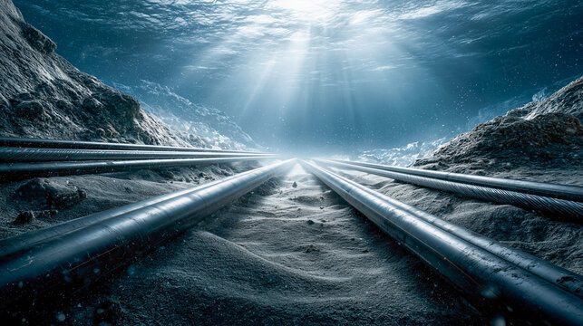 Underwater internet cables laid on ocean floor, global data transmission infrastructure in deep sea with dramatic light and copy space
