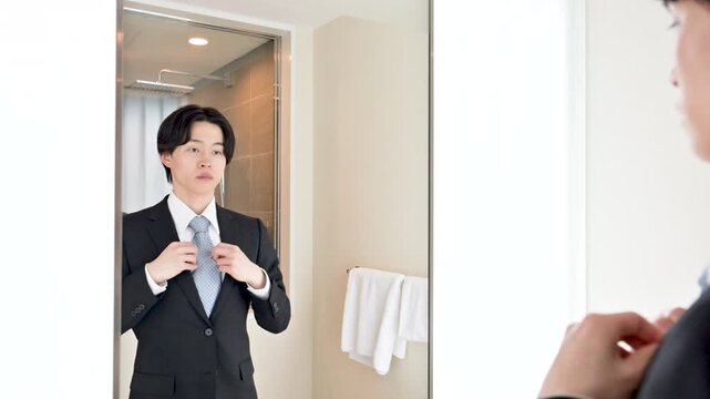 朝のホテルの鏡でネクタイや身だしなみを確認するビジネスマン就活や出張などの営業前チェックイメージ　第一印象大事だねの動画