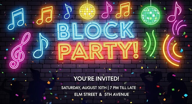 Neon block party invitation with music notes and disco ball decoration
