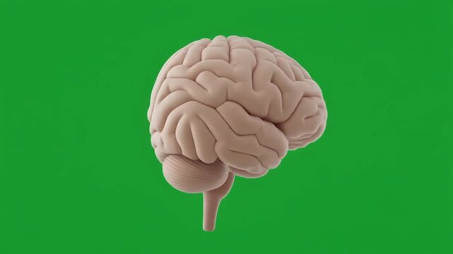 Detailed 3D rendering of a human brain with its distinct lobes and cerebellum, isolated on a vibrant green background