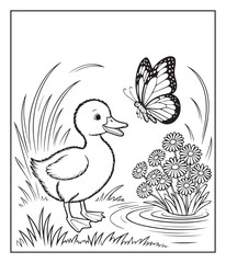 Fototapeta premium Cute duck playing with a butterfly in nature black line art illustration for kids coloring page, animal fun and educational book design