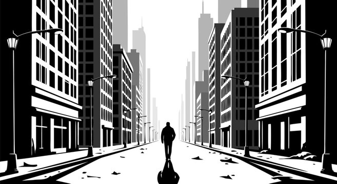 Urban Loneliness and Isolation A Striking Vector Illustration of a Solitary Figure Walking Down an Empty City Street at Dusk, Shadow and Light Play