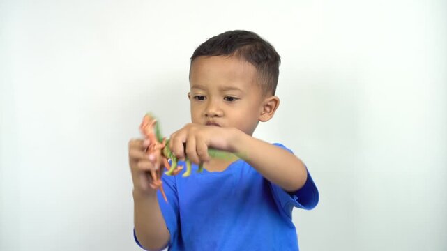 Asian boy playing with dinosaur toys while imagining Tyrex fighting Brachiosaurus