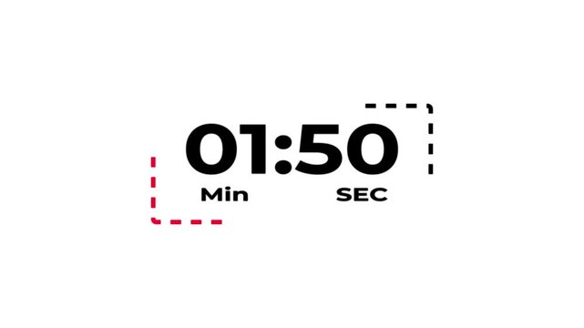 Digital clock 2 minute timer countdown. Countdown timer animation.White glowing digital clock.
