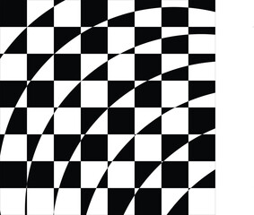 Obraz premium Abstract checkerboard pattern with distorted optical illusion, black and white geometric vector background, warped checkered grid texture