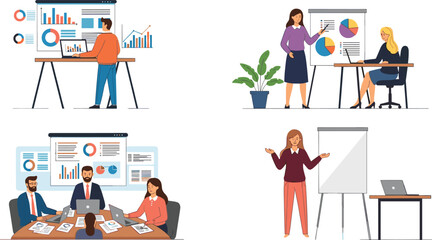 Fototapeta premium Business presentation and teamwork concept with office professionals analyzing charts, graphs, and data reports illustration