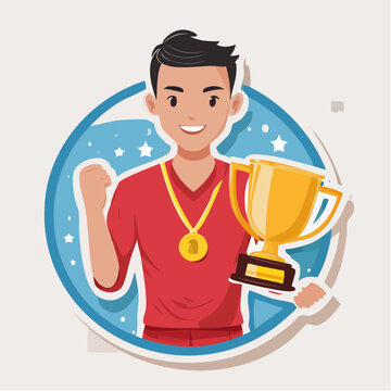 Young Man Celebrating Victory with Trophy and Medal