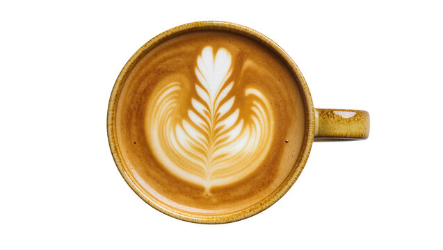 Top view of ceramic cup with latte art coffee, isolated on transparent background