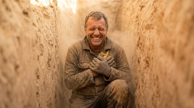 Middle-aged male archaeologist kneeling in excavation with joy  