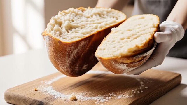 Hands in Gloves Tearing Sourdough Bread on Wooden Board, Crumbs Falling