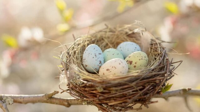 Close up of bird nest with colorful speckled eggs on tree branch in soft natural light