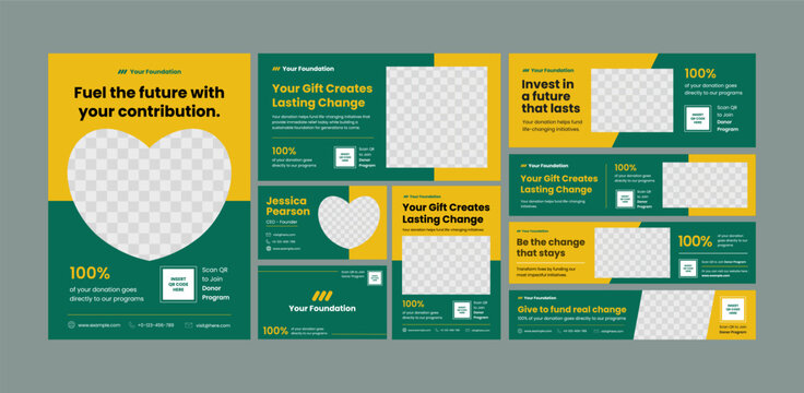 Non-profit donation and charity foundation promotional kit including multi-size web banners, social media posts, and flyers with green and yellow color blocks and heart-shaped placeholders