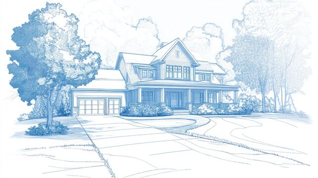Architectural drawing of a house design with front yard. Possible use Stock photo for real estate design