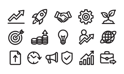 Fototapeta premium Business and finance growth icons including rocket, handshake, chart and light bulb vector.
