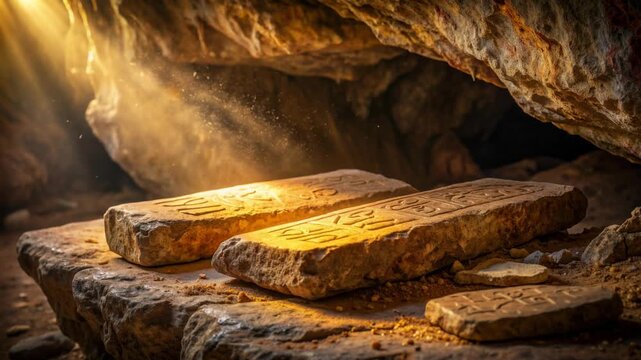 Ancient stone tablets with inscriptions illuminated by sunlight in a mysterious cave setting