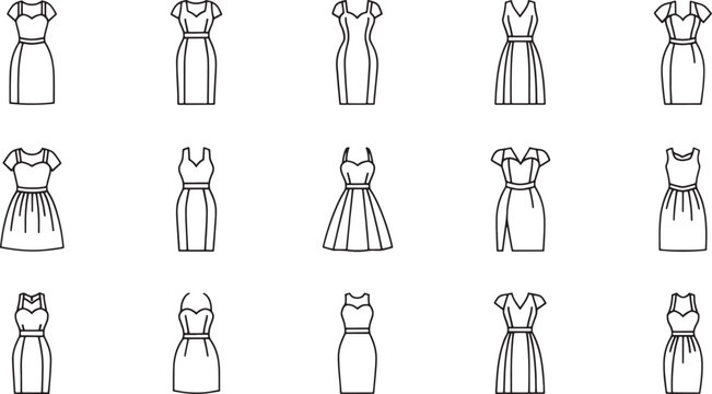 Black and white line of women in various dresses and poses
