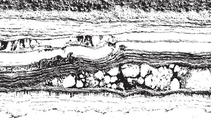 Fototapeta premium Black and white abstract textured background resembling layered rock strata with granular inclusions and rough edges