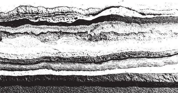 Abstract black and white textured horizontal layers with rough granular surfaces