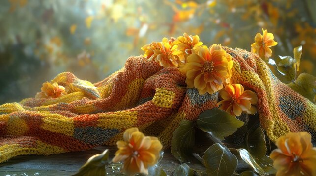 Autumn flowers draped in patterned shawl