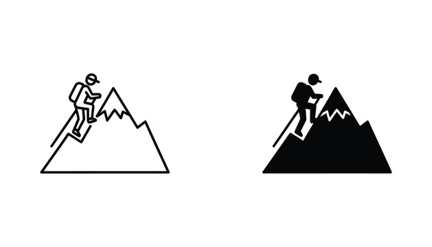 Hiker climbing mountain peak with backpack and trekking pole vector illustration