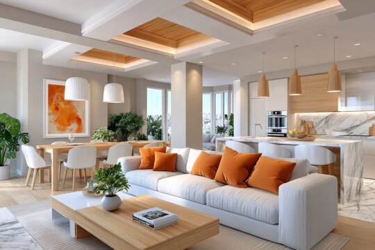 Modern open-plan living room and kitchen with white sofa and orange accent pillows