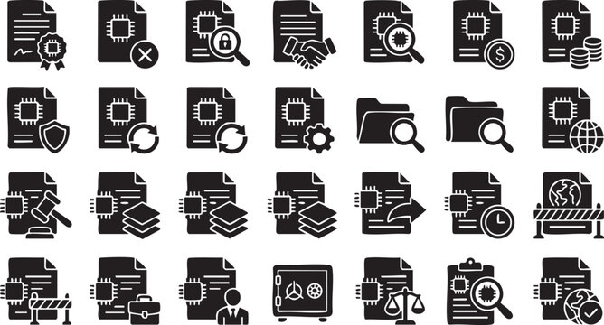 Modern vector collection of technology and innovation document icons highlighting digital hardware chips software integration cyber processing data security analytical systems