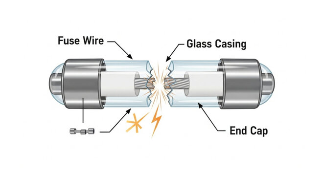 Diagram of a blown glass fuse showing internal components.