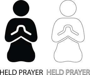 Fototapeta premium Black flat and line style held prayer vector icon set, collection and group of Muslim worship, meditation and Islamic spiritual symbols isolated on transparent background