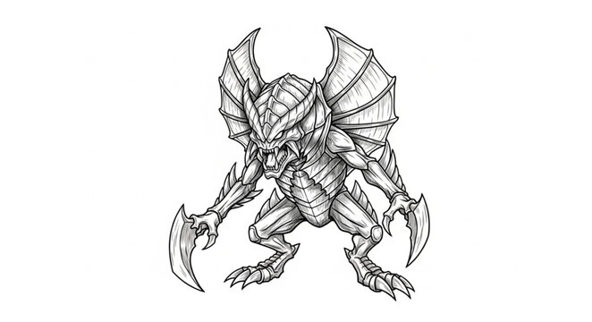 Detailed Sketch of a Fierce Alien Creature with Wings and Claws.
