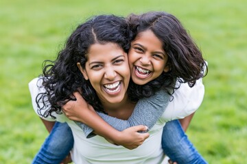 Fototapeta premium Happy indian mother having fun with her daughter outdoor - Family people and love concept - Focus on mum face