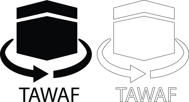 Black flat line vector icon set, collection and group of Tawaf Kaaba, Kaaba circumambulation, Hajj pilgrimage, Umrah and Islamic holy mosque Mecca isolated minimal outline design pack