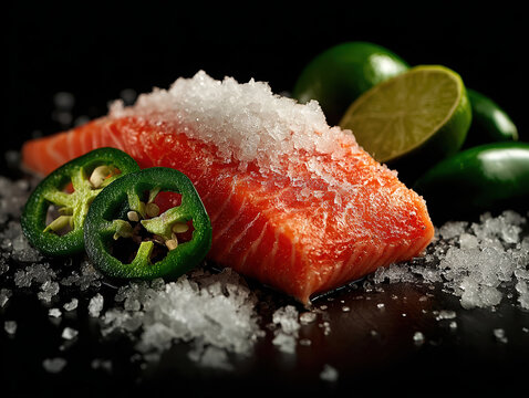 Raw salmon fillet topped with coarse salt next to sliced jalape os and limes on black