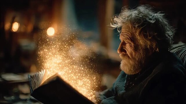 A mystical elderly man discovers magic emanating from an open book in a dimly lit room, perfect for fantasy storytelling and imagination.