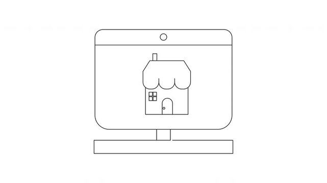 Simple Line Art Icon of a Storefront on a Computer Screen.