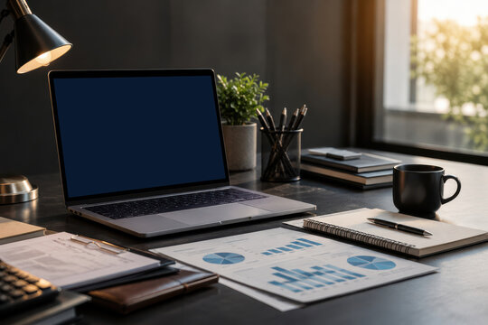 Modern Workspace With Laptop and Financial Reports