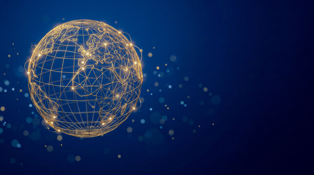 Minimalist golden wireframe globe on royal blue backdrop