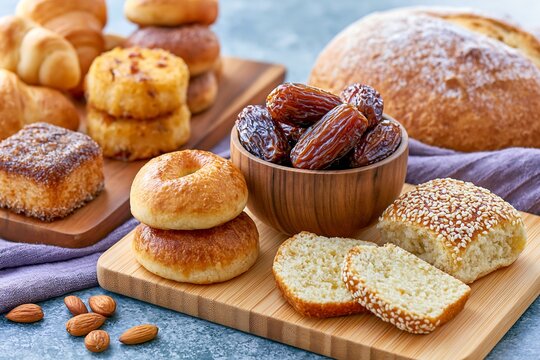 Fresh halal baked goods including date pastries, honey cakes and sesame breads arranged beautifully, warm Middle Eastern bakery aesthetic