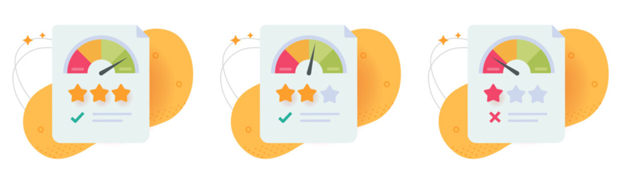 Credit score rating performance gauge meter icon with bad good level scale modern graphic illustration set, high low risk evaluation assessment report, fast slow speedometer quality measurement clip a